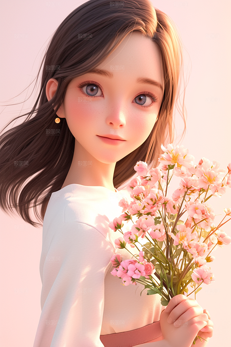 手捧鲜花的少女青春梦幻素材