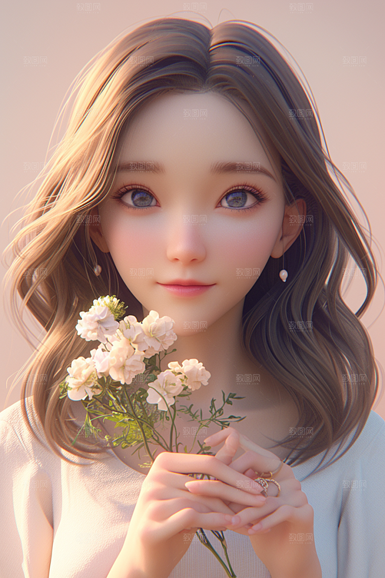 手捧鲜花的少女飞舞的裙摆梦幻素材
