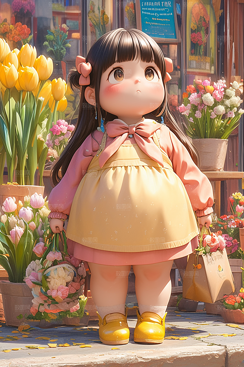 手捧鲜花的少女春天人物素材