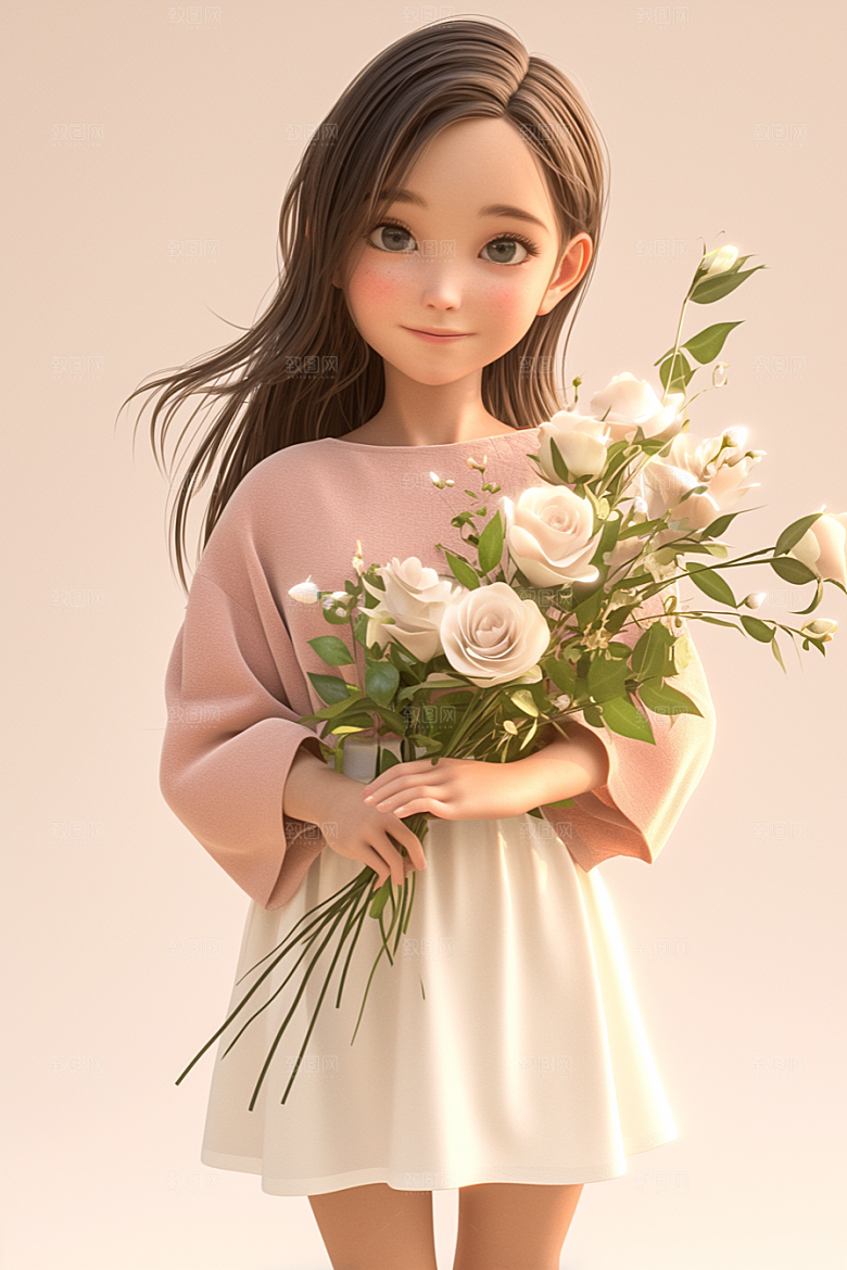 手捧鲜花的少女青春立体素材