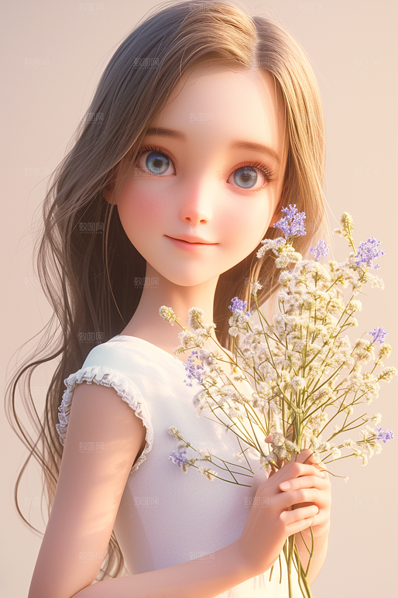 手捧鲜花的少女3D人物素材