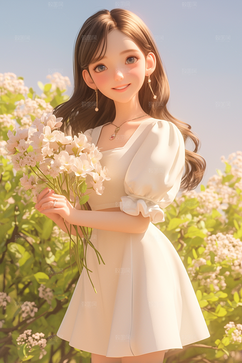 手捧鲜花的少女人物花朵素材