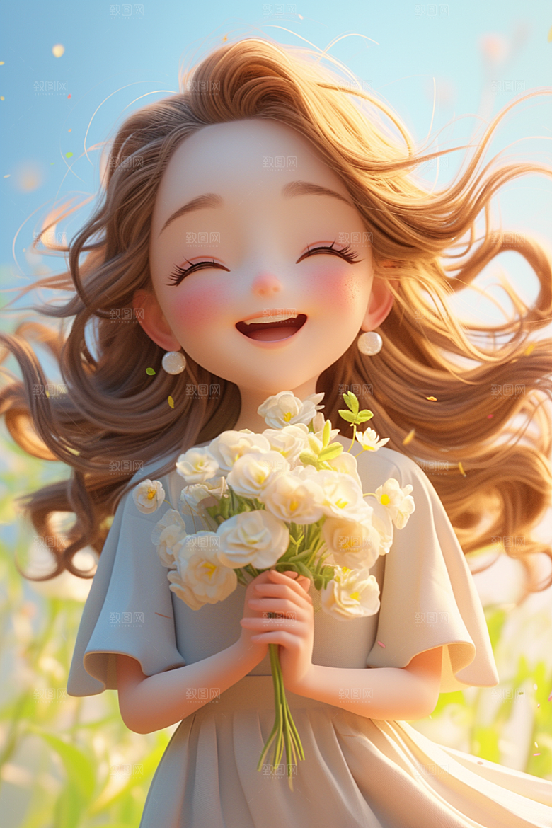 手捧鲜花的少女人物清新素材