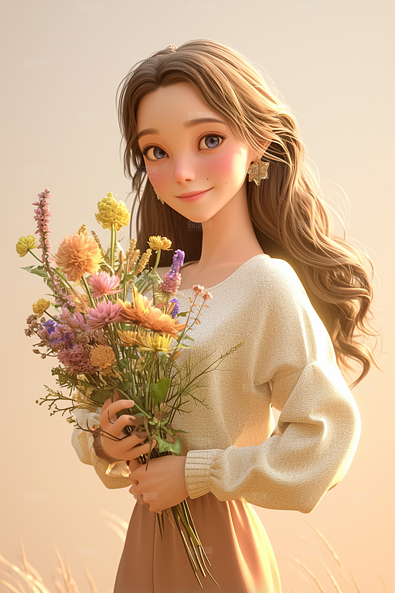 手捧鲜花的少女立体肖像素材