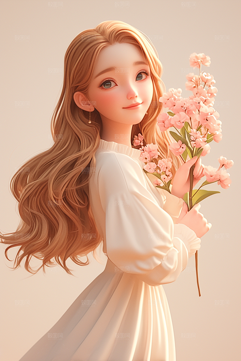 手捧鲜花的少女模型自然素材