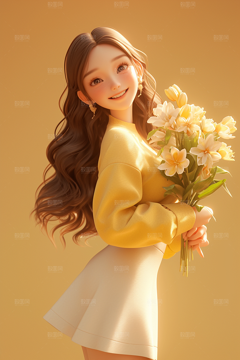 手捧鲜花的少女烂漫梦幻素材