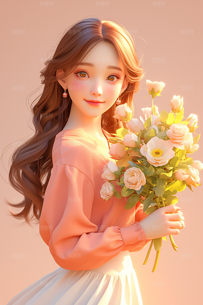 手捧鲜花的少女清新唯美素材