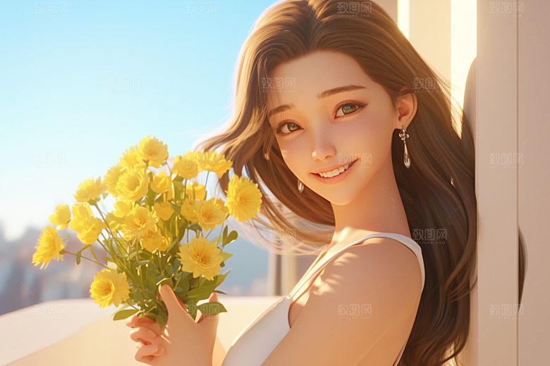手捧鲜花的少女自然清新素材