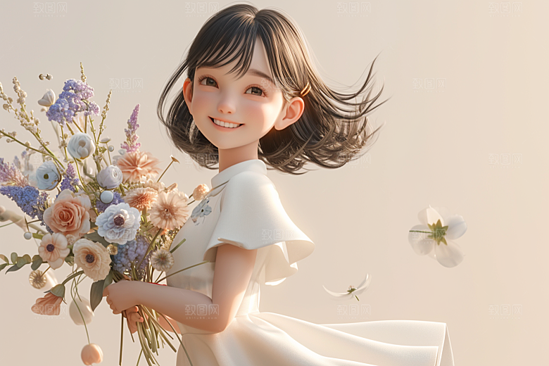手捧鲜花的少女模型飞舞的裙摆素材
