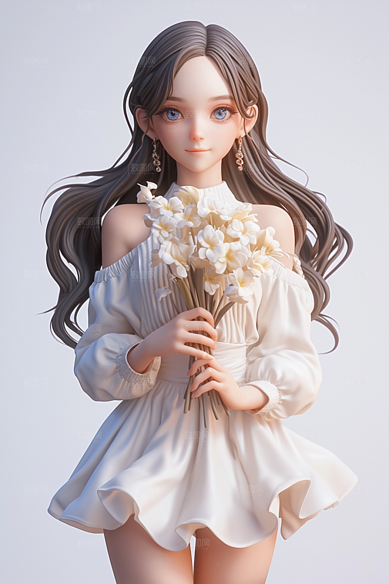 手捧鲜花的少女自然唯美素材