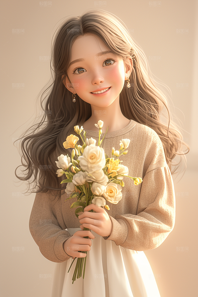 手捧鲜花的少女梦幻烂漫素材