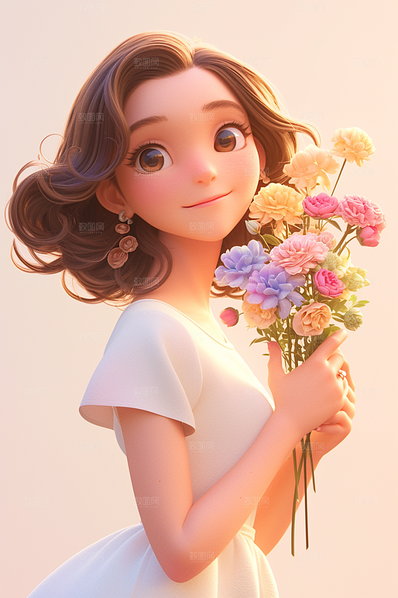 手捧鲜花的少女唯美梦幻素材