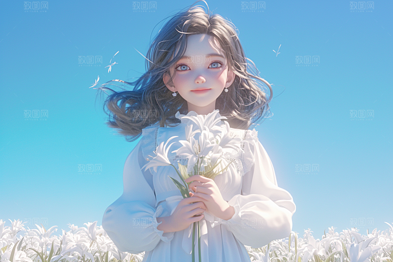 手捧鲜花的少女烂漫飞舞的裙摆素材