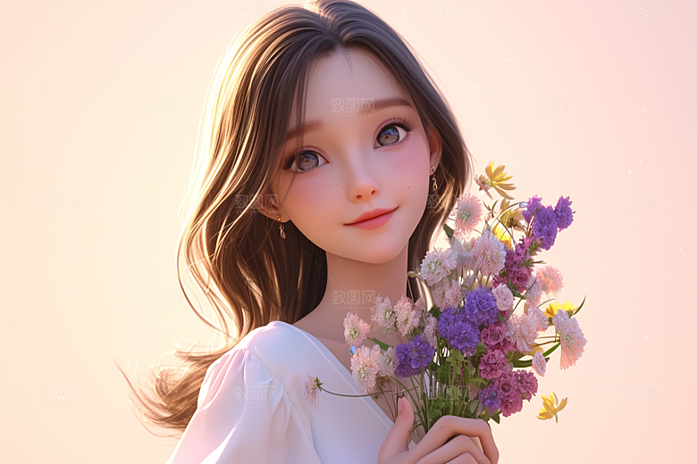 手捧鲜花的少女春天3D素材