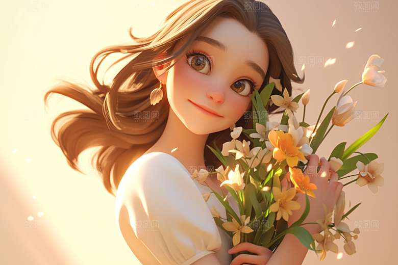 手捧鲜花的少女立体烂漫素材