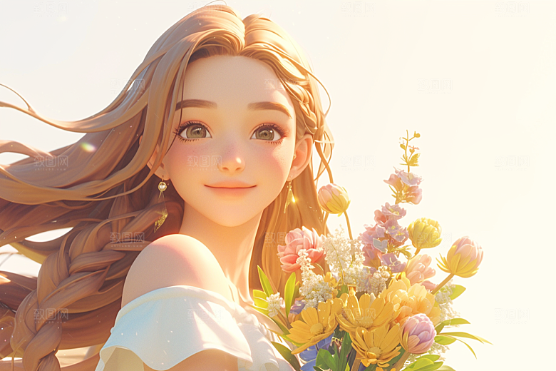 手捧鲜花的少女烂漫人物素材
