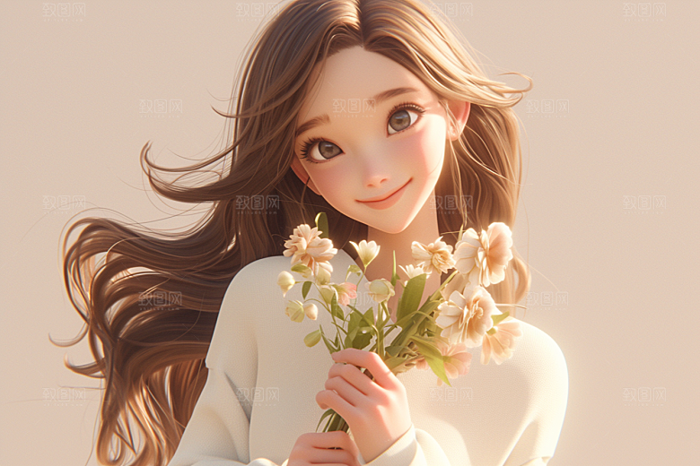 手捧鲜花的少女春天模型素材