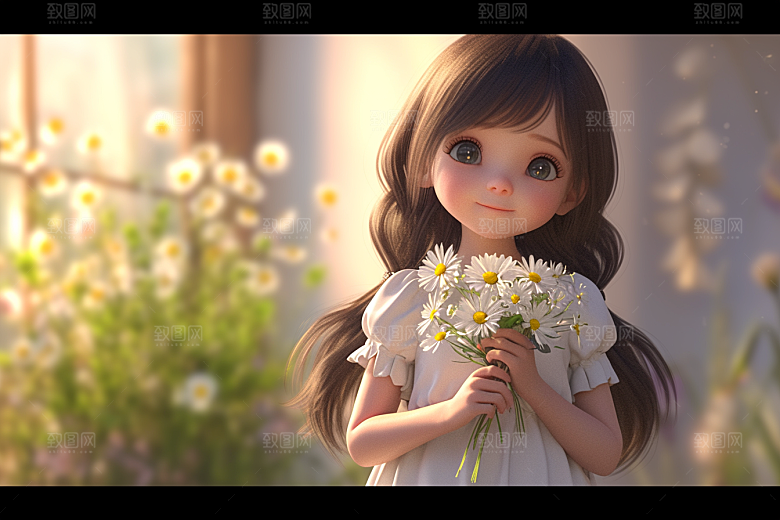 手捧鲜花的少女唯美花朵素材