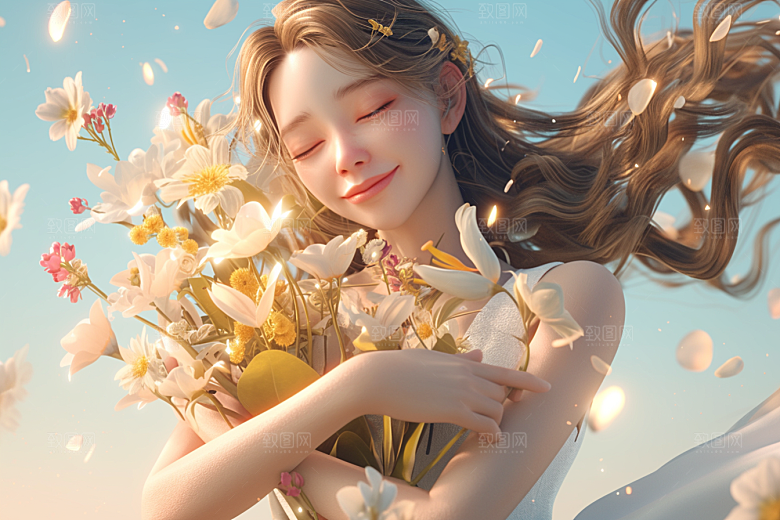 手捧鲜花的少女模型自然素材