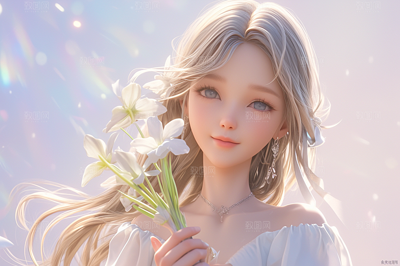手捧鲜花的少女青春唯美素材