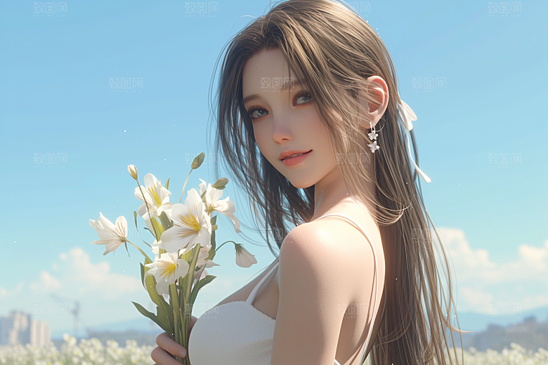 手捧鲜花的少女梦幻花朵素材