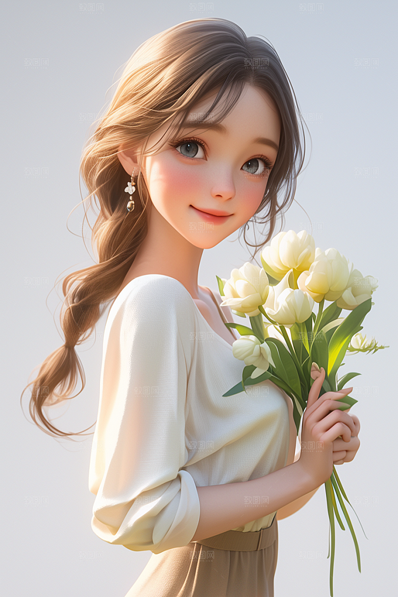 手捧鲜花的少女青春人物素材
