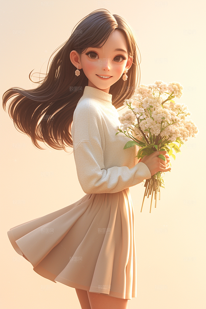手捧鲜花的少女烂漫3D素材