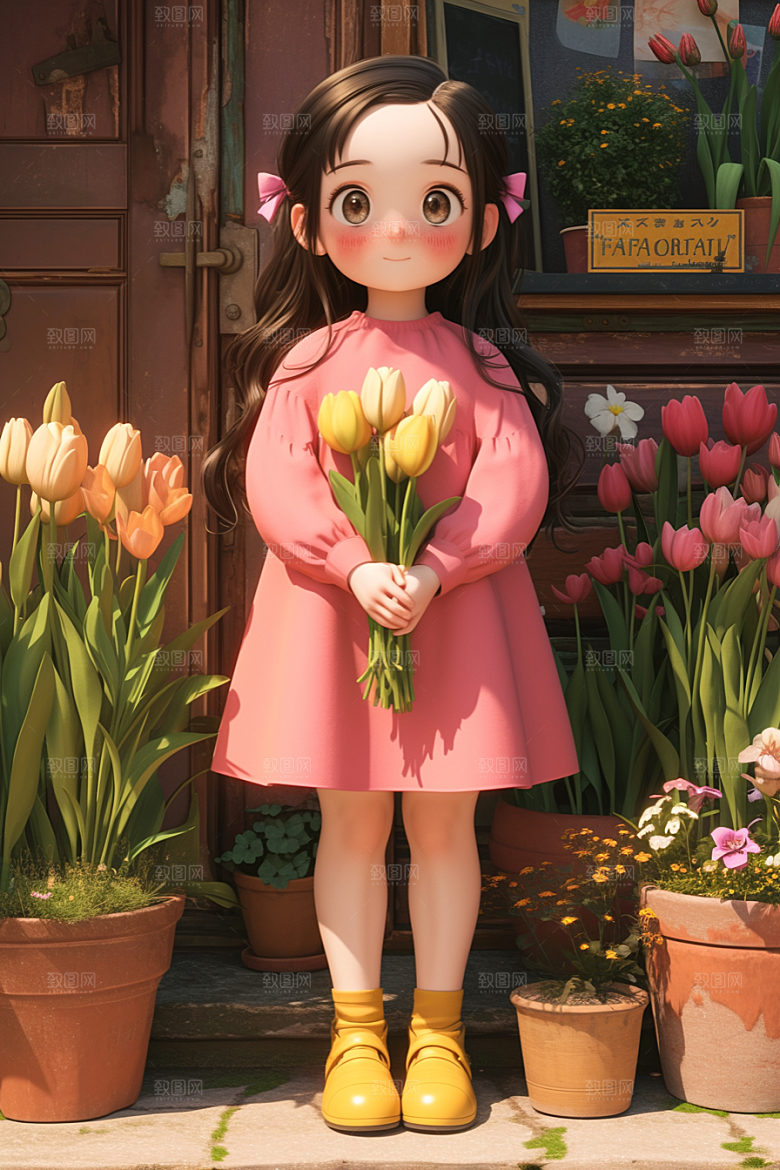 手捧鲜花的少女3D春天素材