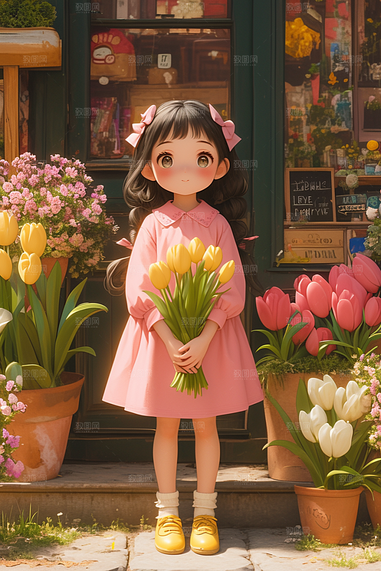 手捧鲜花的少女肖像立体素材