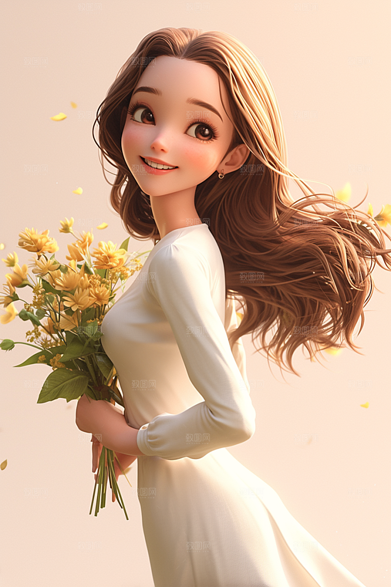 手捧鲜花的少女花朵烂漫素材