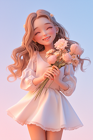 手捧鲜花的少女唯美春天素材