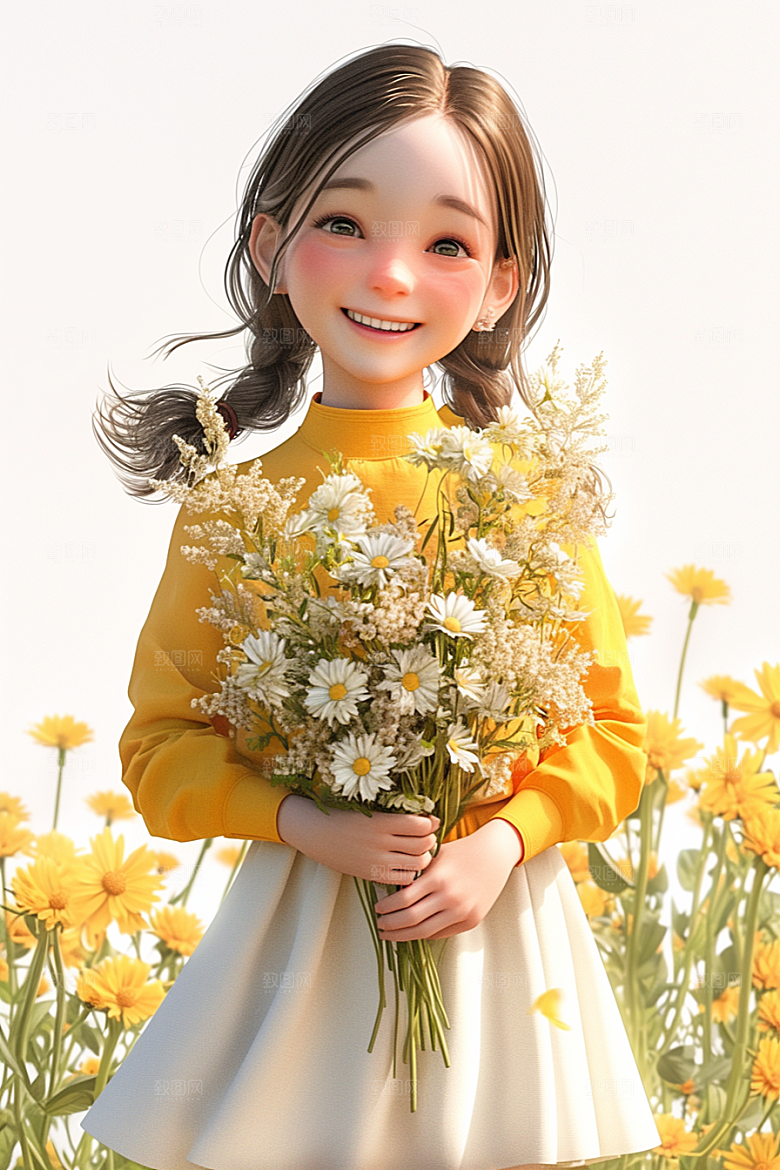 手捧鲜花的少女飞舞的裙摆青春素材