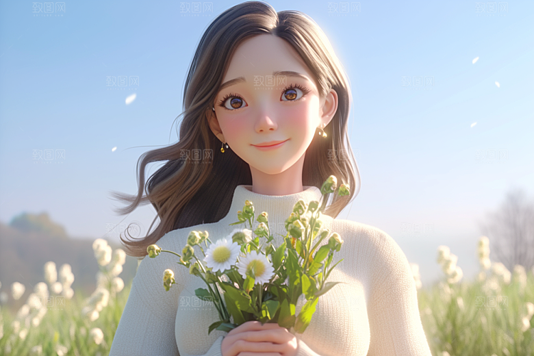 手捧鲜花的少女清新烂漫素材