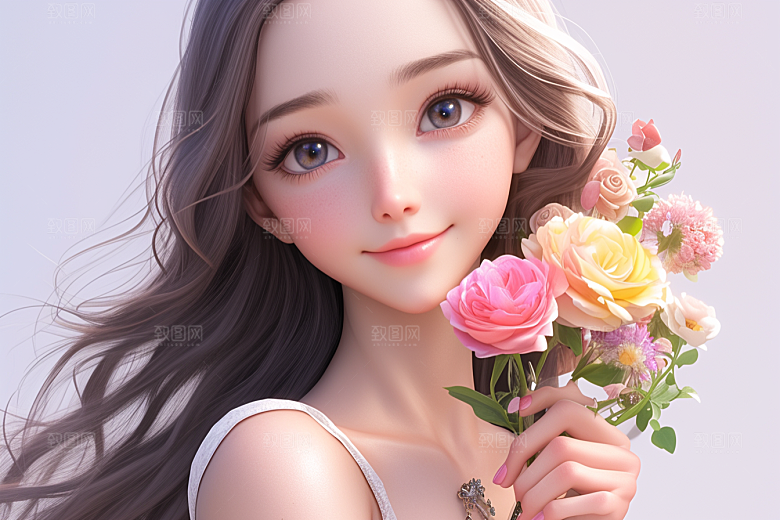 手捧鲜花的少女青春春天素材