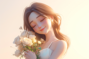 手捧鲜花的少女飞舞的裙摆3D素材