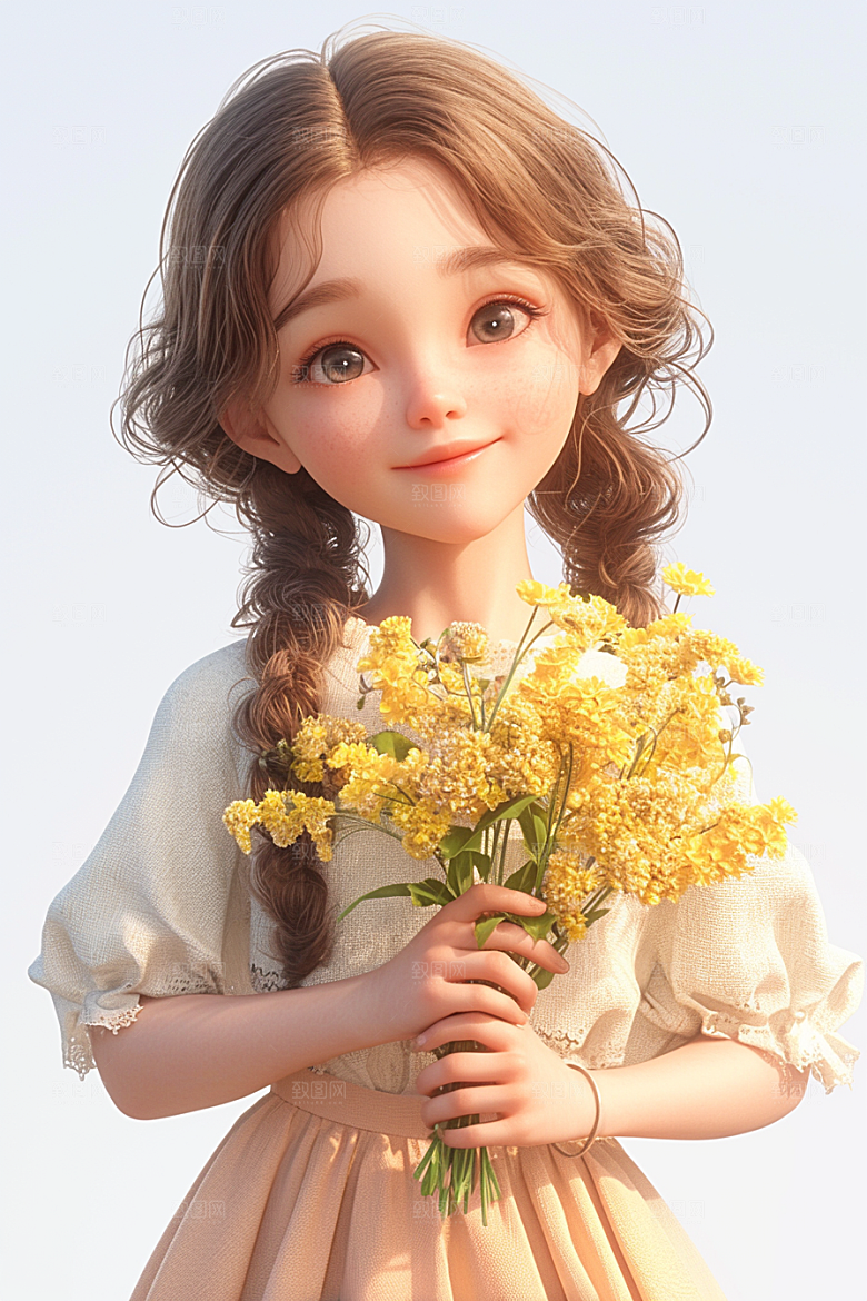 手捧鲜花的少女模型花朵素材