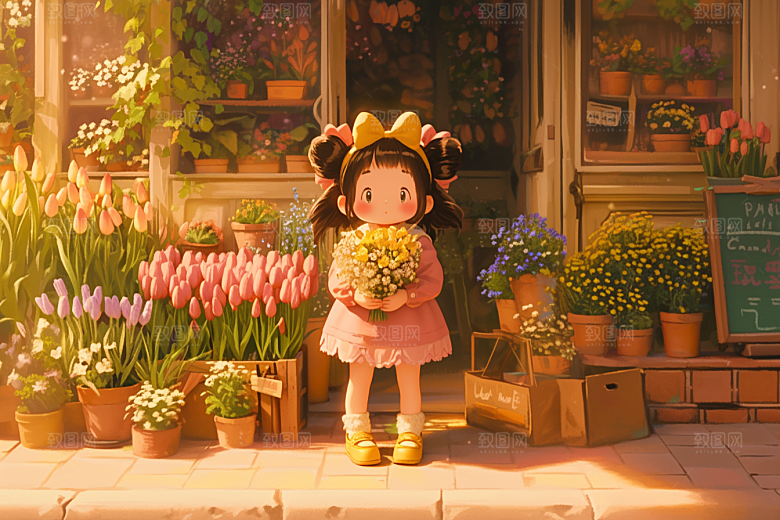 手捧鲜花的少女3D自然素材