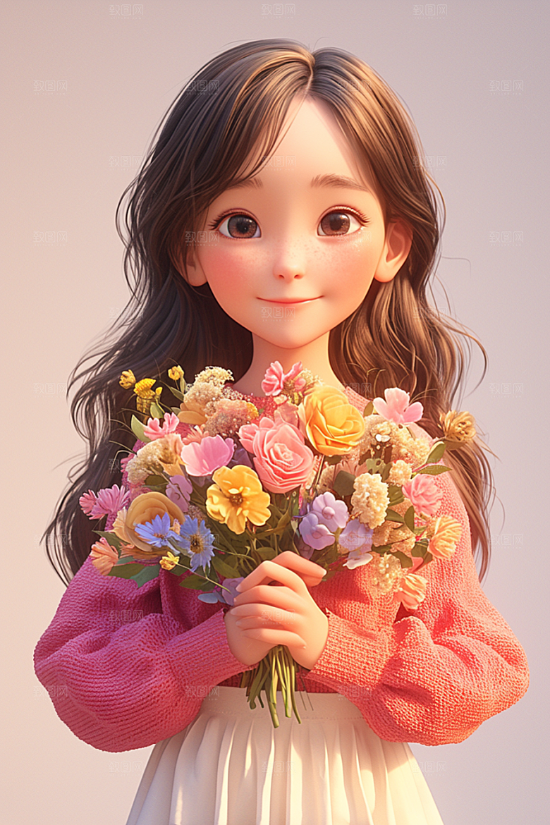 手捧鲜花的少女自然模型素材