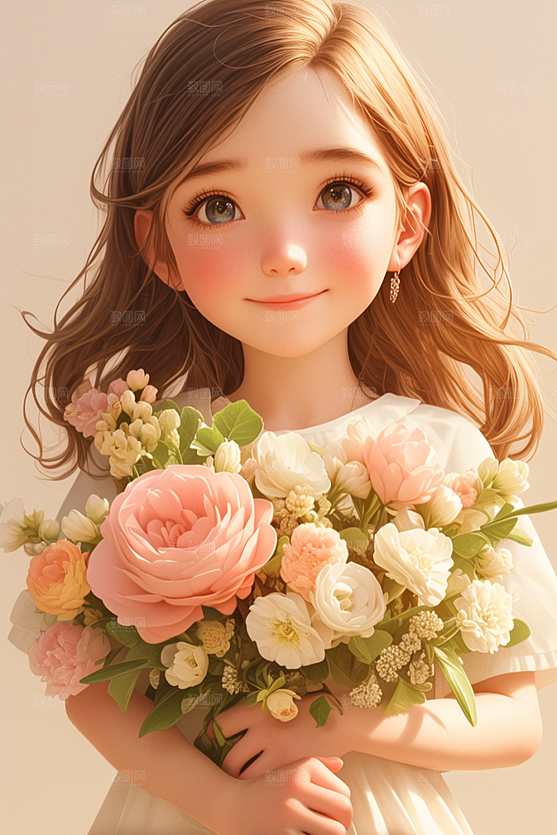 手捧鲜花的少女立体自然素材