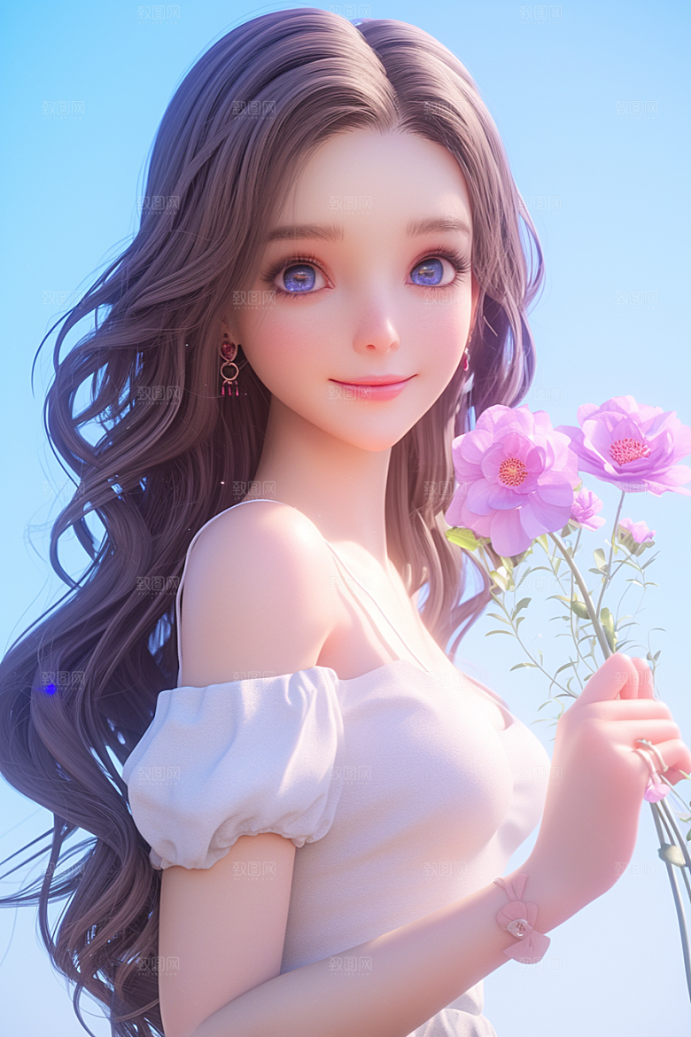 手捧鲜花的少女人物青春素材
