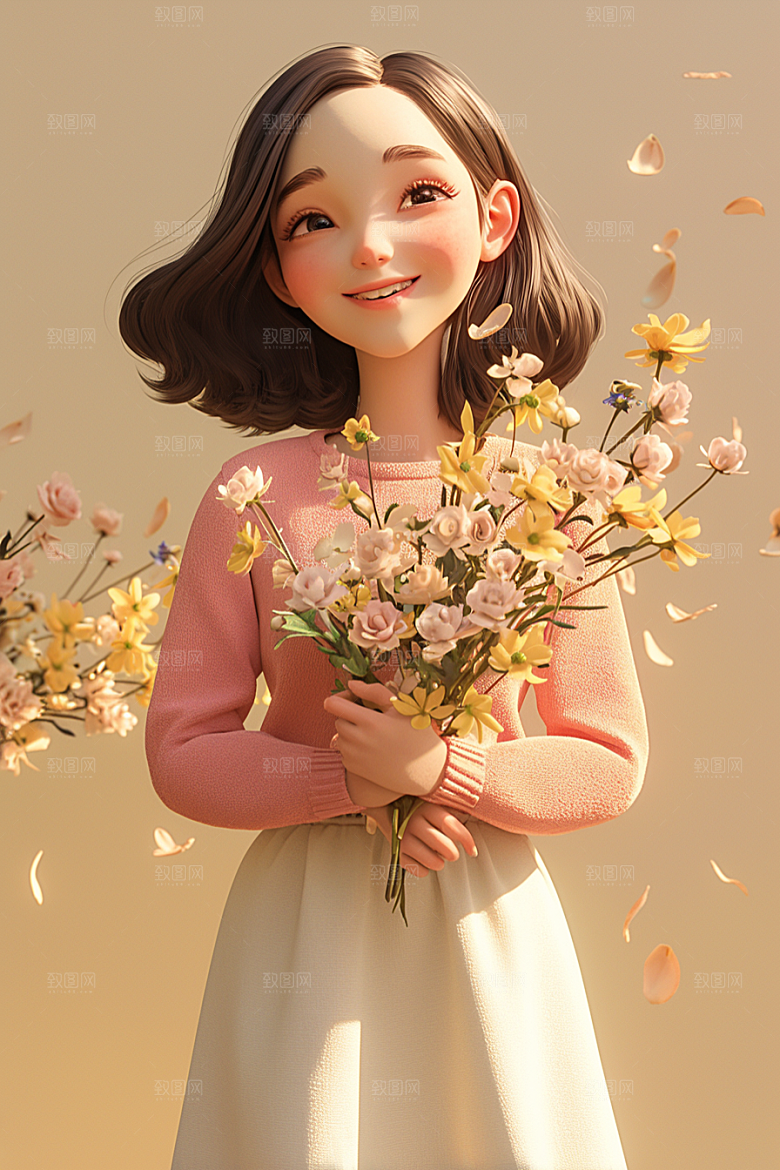 手捧鲜花的少女人物3D素材