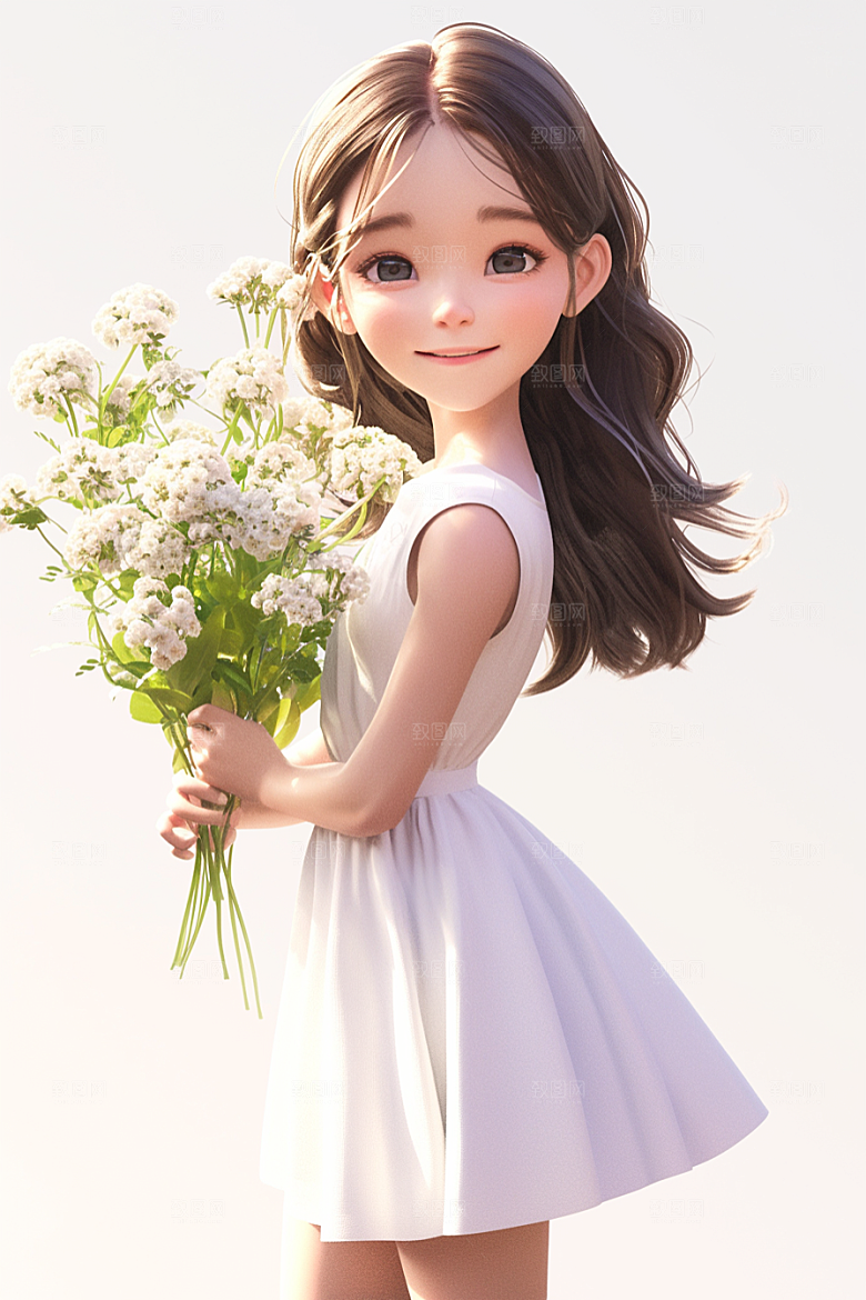 手捧鲜花的少女花朵梦幻素材