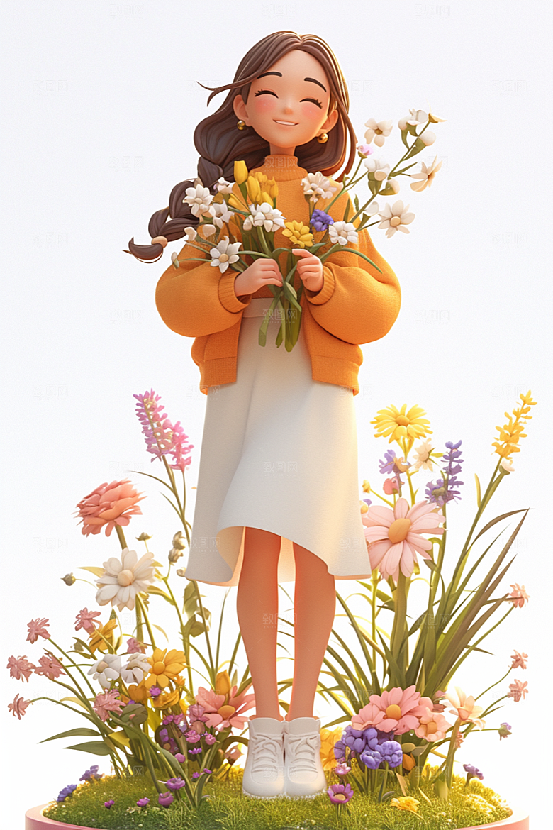 手捧鲜花的少女春天模型素材