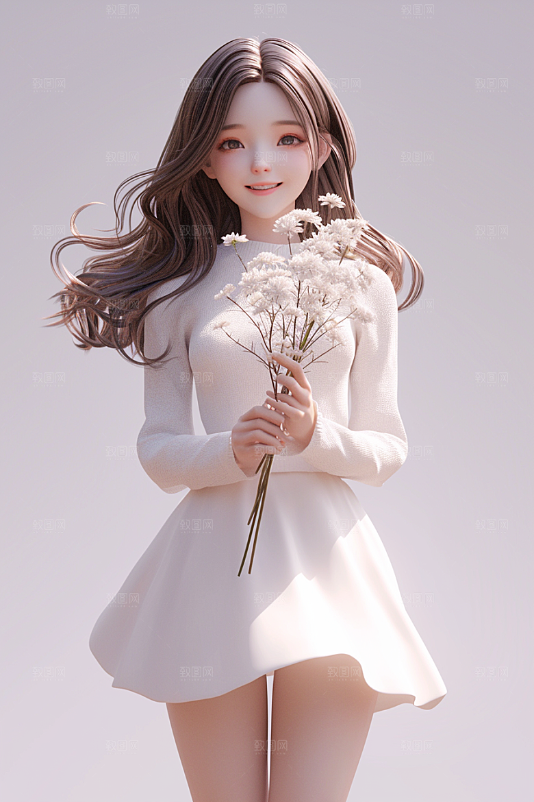 手捧鲜花的少女模型清新素材