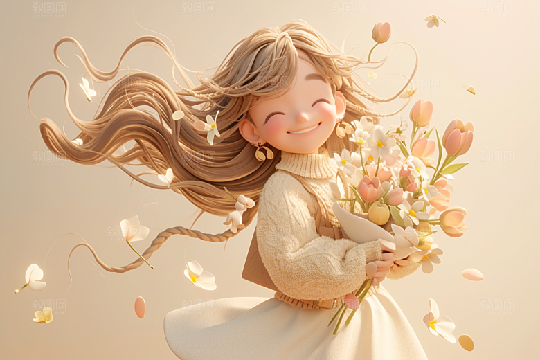 手捧鲜花的少女自然梦幻素材