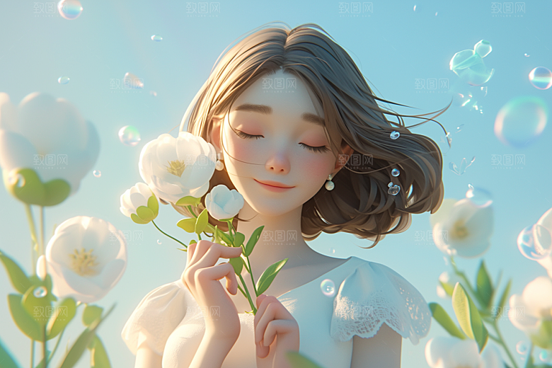 手捧鲜花的少女自然3D素材