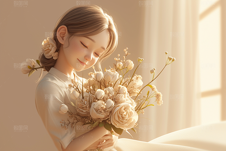手捧鲜花的少女花朵人物素材