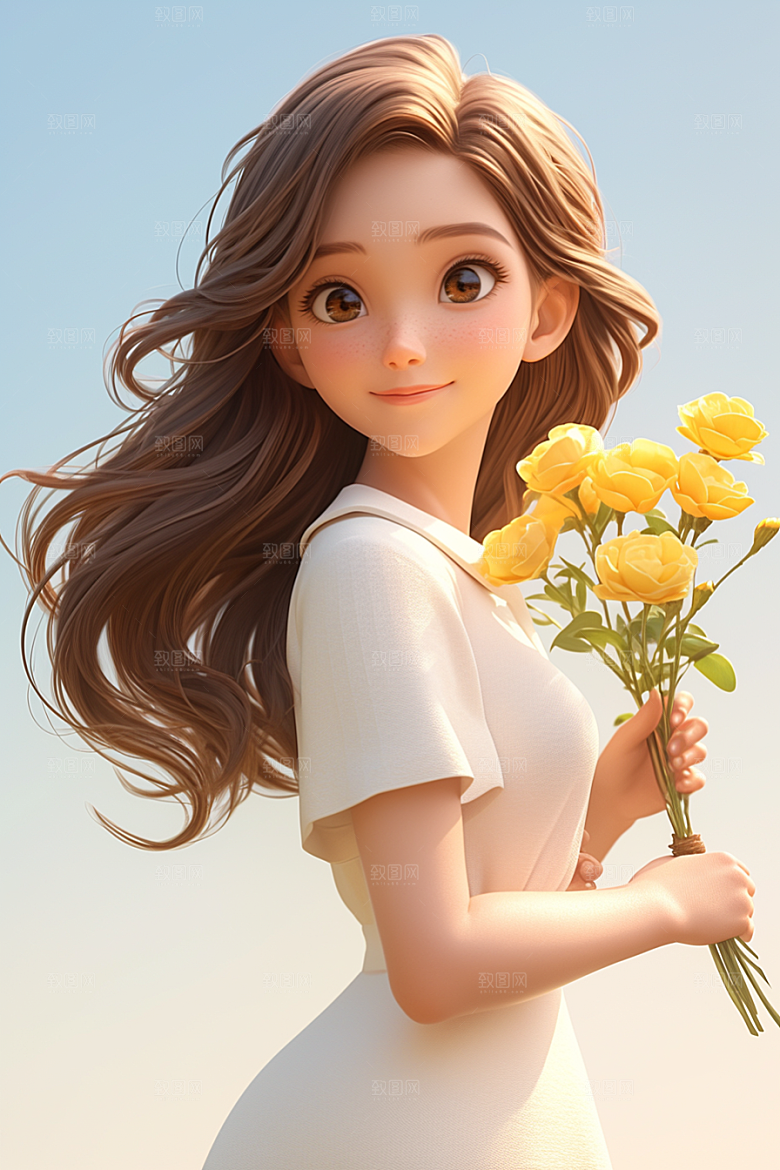 手捧鲜花的少女模型烂漫素材
