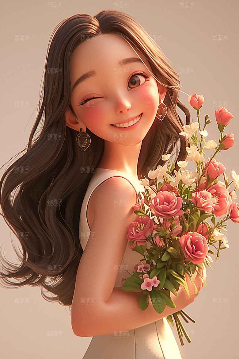 手捧鲜花的少女飞舞的裙摆梦幻素材
