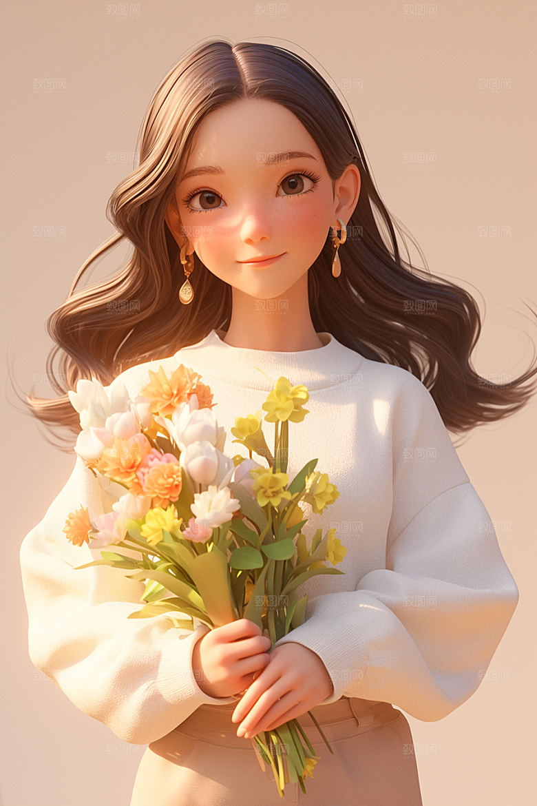 手捧鲜花的少女3D花朵素材